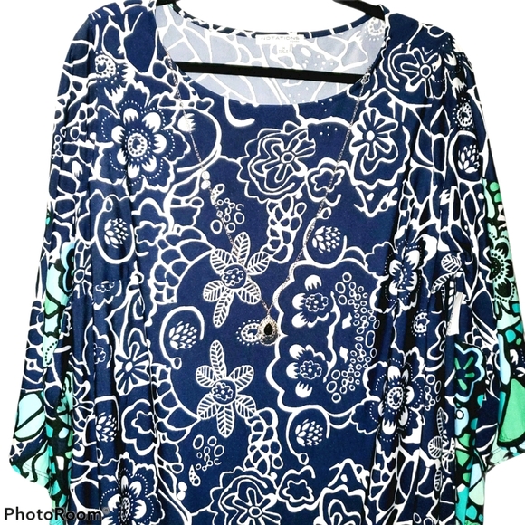 Notations NWT Plus Size Wide Neck Midi Length 3/4 Sleeve Dress Blue Green 376 - Picture 2 of 10